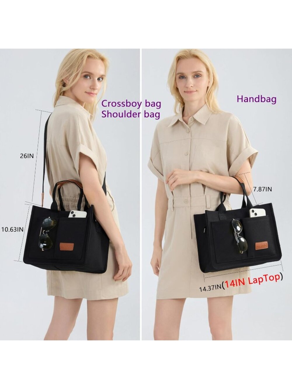 Women's Black With Compartments Cross Body Laptop Bags Work Handbags Purse - Picture 2 of 6